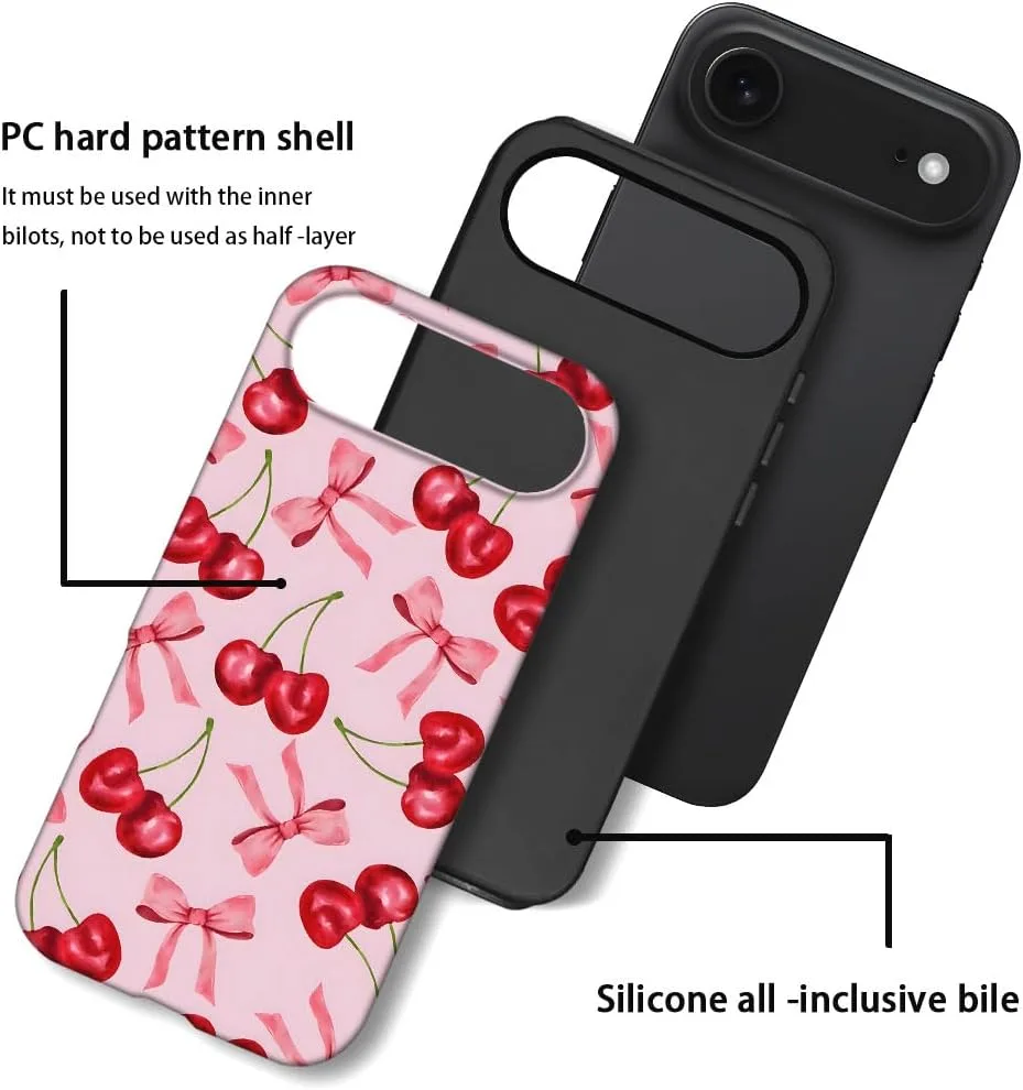 Case Compatible with iPhone 17 Air,Fall Prevention Hybrid 2-Layer Hard Shell Phone Cover for Girls Boys,Pink Bow Cherry Ribbon Fruit