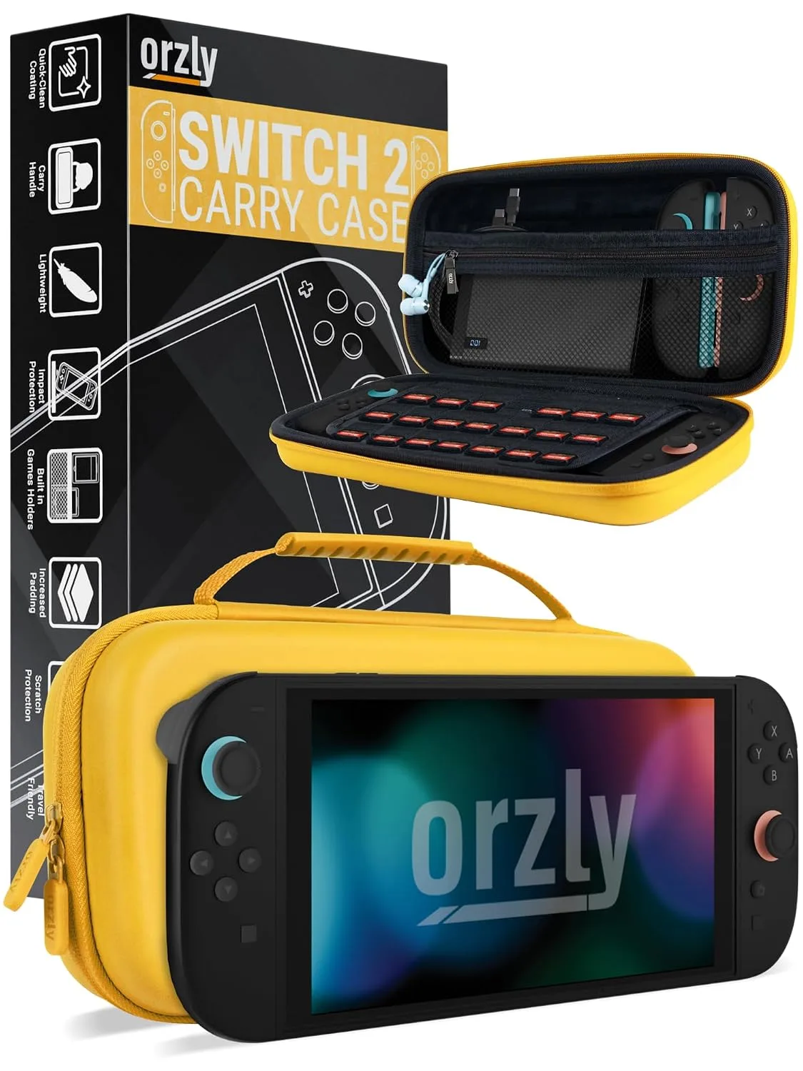 Orzly Case Compatible with Switch 2 – Protective Travel Carry Case with Screen Padding, Game Card & microSD Slots, Zipped & Open Pockets for Accessories – 7.9" Gift Boxed