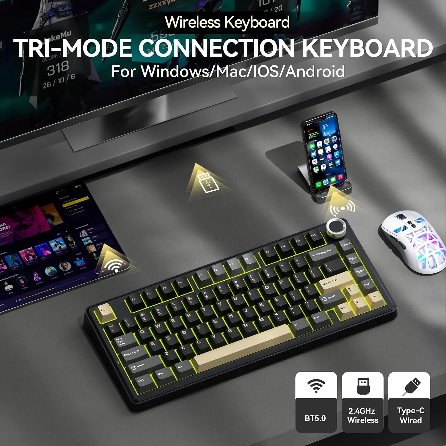 SOLAKAKA A75 75% Wireless Gaming Keyboard with Multifunction Knob, Black