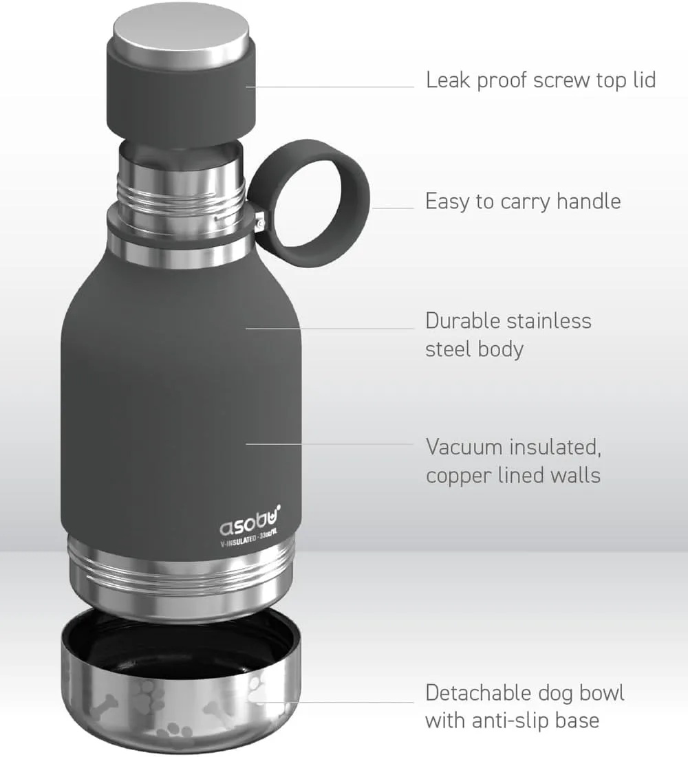 Asobu Dog Bowl Attached to Stainless Steel Insulated Travel Bottle for Human 37oz/1.1 Liter with Detachable Dog Bowl (Smoke)