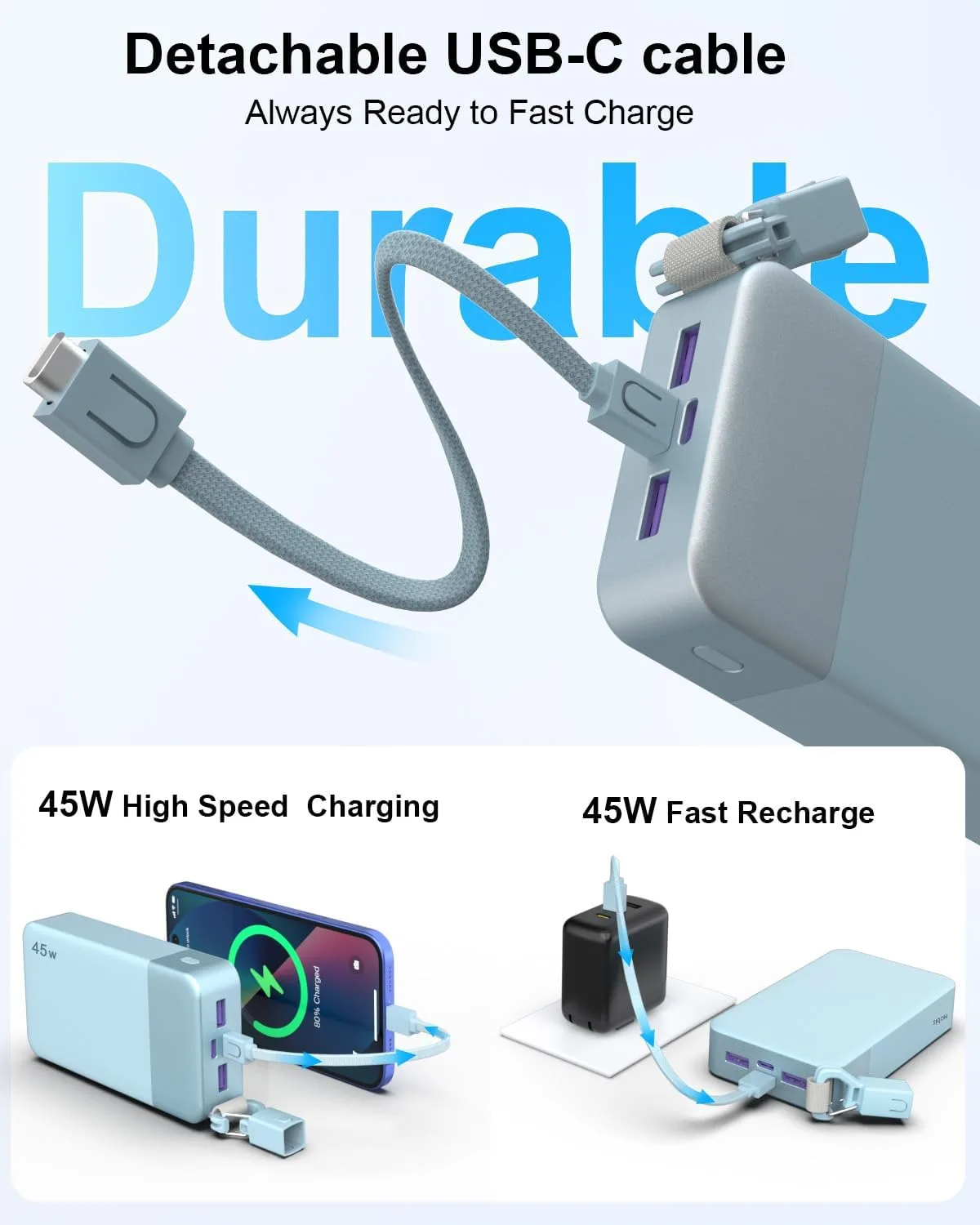 NOBIS Portable Charger, 45W 20000mAh Power Bank with Detachable USBC Cable