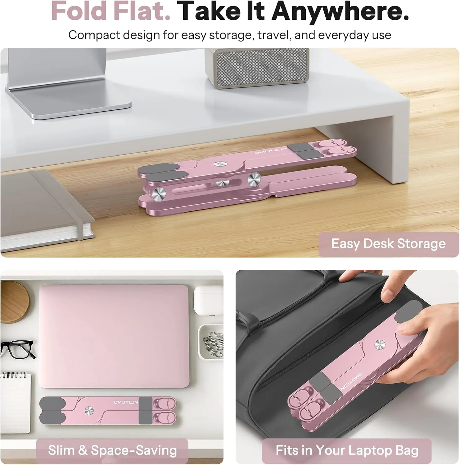 OMOTON LA10 360° Rotating Laptop Stand Riser Foldable for Desk, Pink