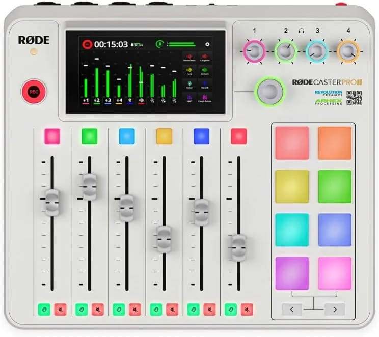 Rode RODECaster Pro II Integrated Audio Production Studio Bundled with 4 x Podcast Mic Packs + 128GB Micro-SD Card + Cleaning Cloth (White)