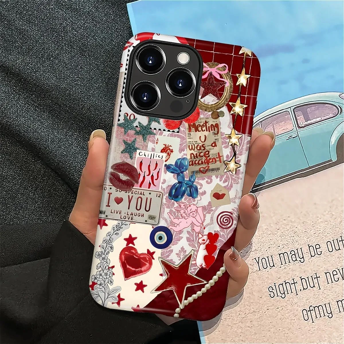 DAIZAG Case for iPhone 16 Pro Max,Mixed 2 Layer Design Shockproof Soft TPU Ddouble Protection Phone Case for iPhone 16 Pro Max-Conch Red Pearl Collage