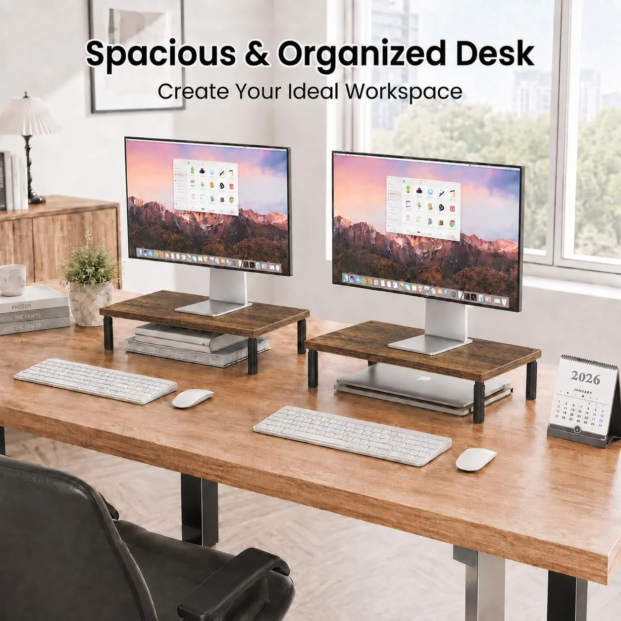 OPNICE Adjustable Monitor Stand Riser for Desk, Wood Computer & Laptop Stand, Desk Organizers and Accessories, Office Desk Accessories & Workspace Organizer for Home Office Supplies, Brown