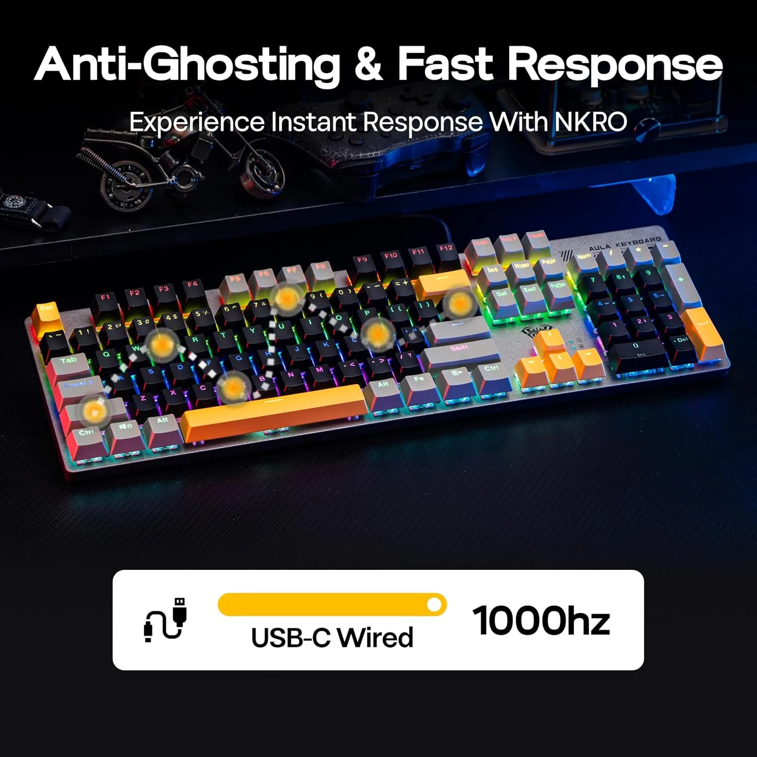 MechLands Aula S500 Wired Gaming Keyboard, 100% Full Size Mechanical Keyboard with Number Pad, 104 Keys, NKRO, RGB Backlits, Shine Through Keycaps, Ergonomic for PC E-Sports (Black&Grey, Blue Switch)