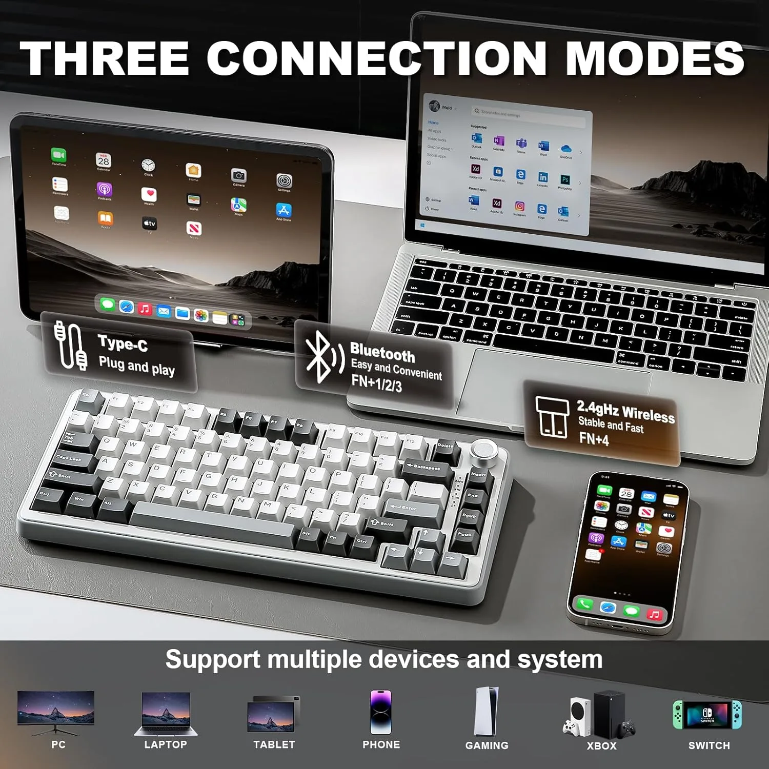 YUNZII B75 PRO 75% Wireless Mechanical Keyboard (Grey, Cocoa Cream V2)