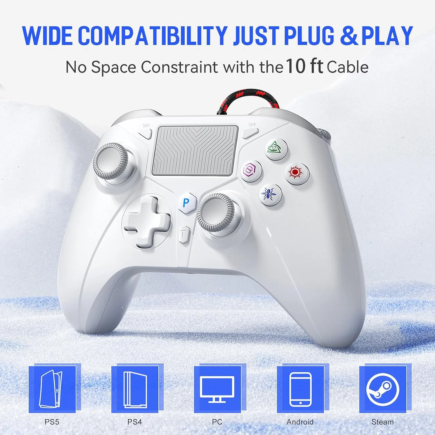 Dinosoo 10ft Wired Controller with Multi-Touch Pad & Back Buttons for PS5, PS4, PC – Turbo, Macro, 3.5mm Headphone Jack