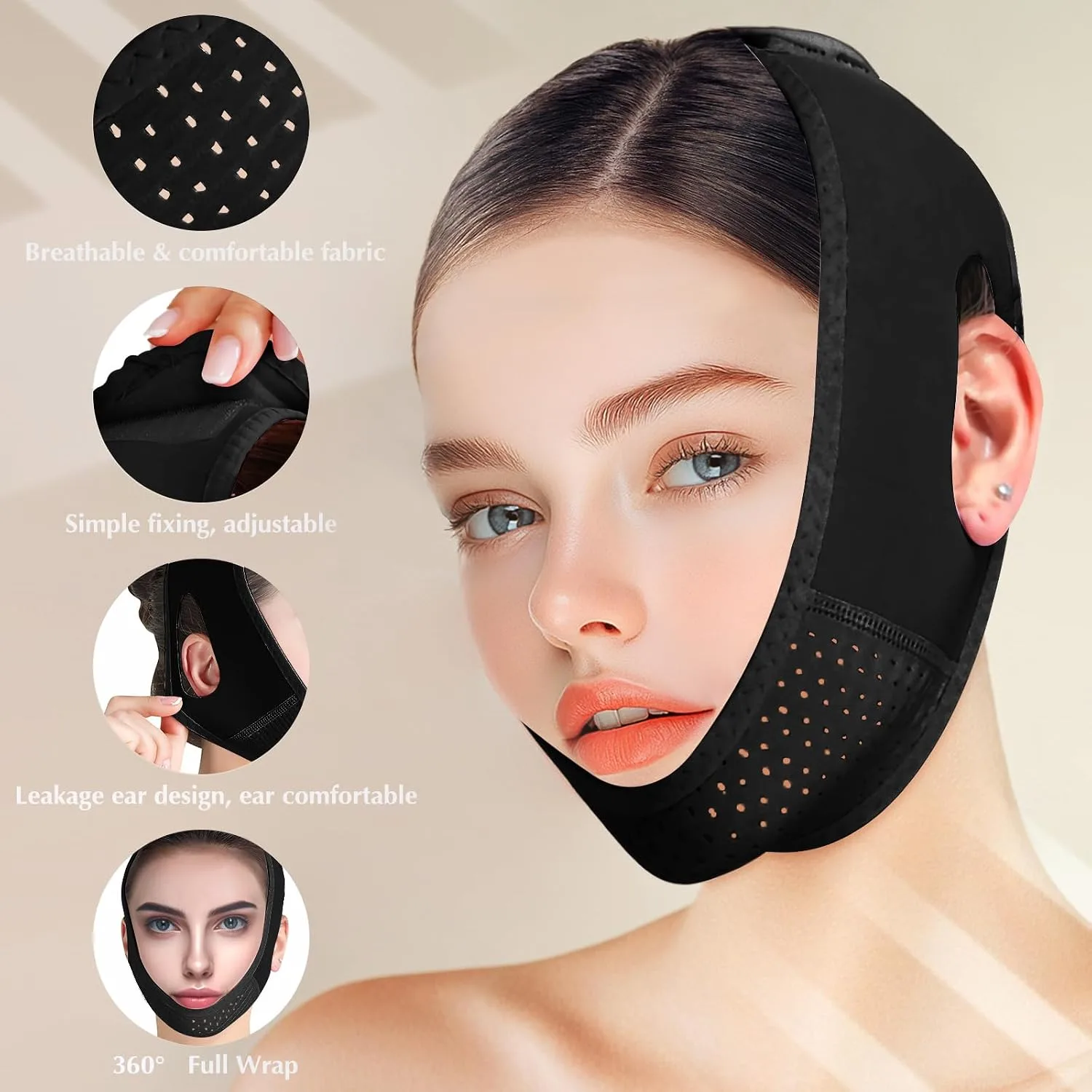 Reusable V Line Lifting Mask with Chin Strap for Sleeping, V Shaped Face Mask for Sagging, Jawline Shaper(Black)
