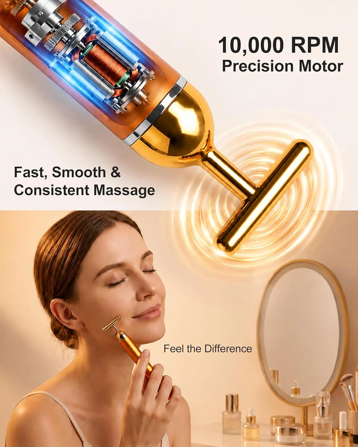 Rechargeable Face Massager Roller, Golden Vibrating T Bar Facial Massager & 3D Face Roller for Lymphatic Drainage, Face Depuffer for Jawline, Puffy Face & Skincare Routine