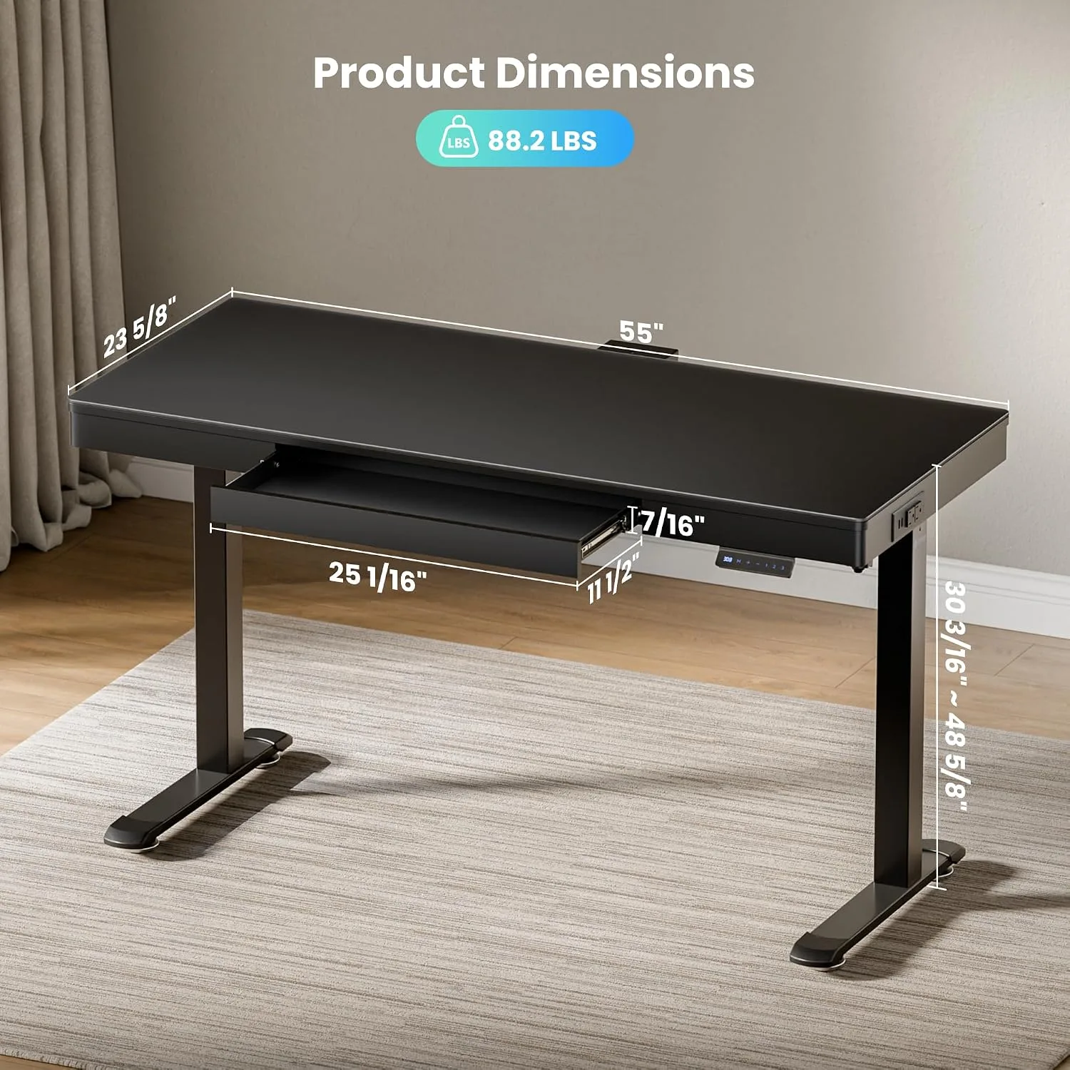 EUREKA ERGONOMIC Electric Standing Desk with Drawer, 55 Inch, Frosted Glass