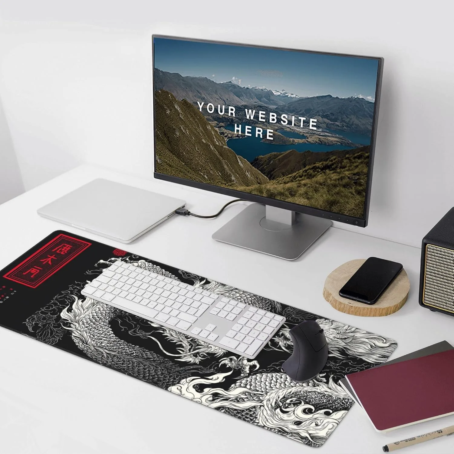 Large Gaming Mouse Pad with Dragon Design, Non-Slip, 35.4" x 15.7", Black and Red Japanese Style Desk Mat
