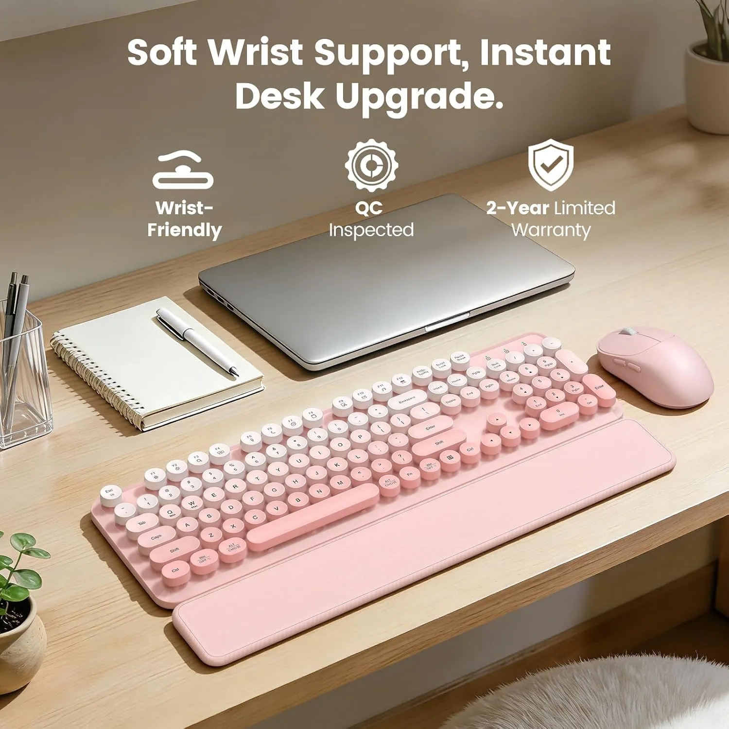 Wireless Keyboard and Mouse Combo, Magnetic Soft-Touch Wrist Rest, Pink