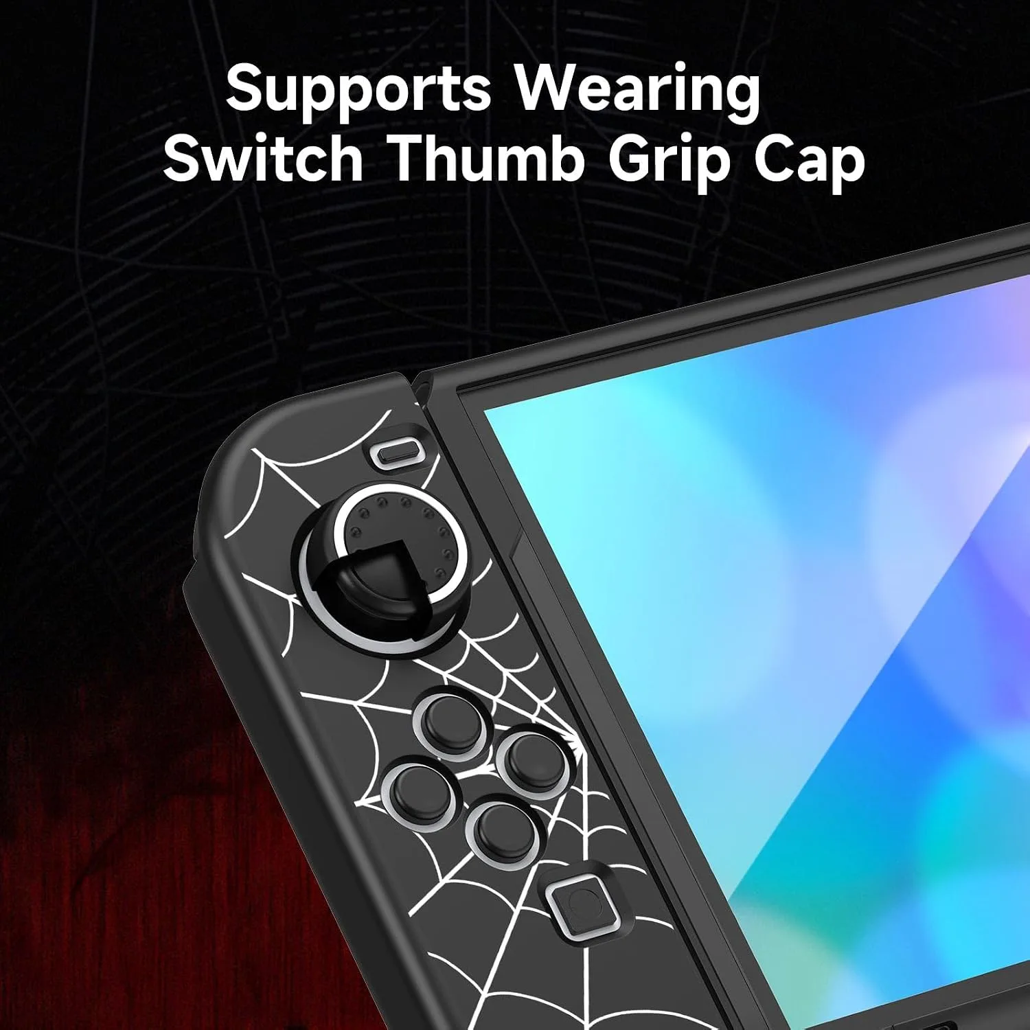 JINGDU Protective Case Compatible with Nintendo Switch OLED 2021, TPU Case Accessory for Nintendo Switch Console and Grip Joy-Con, Switch Protector with 4 Thumb Grips, Black Spider Web