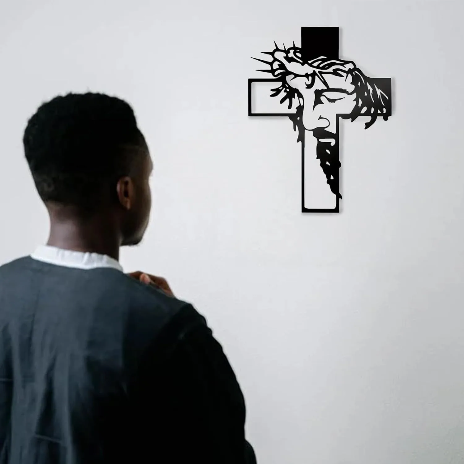 Black Jesus Wall Cross Decor Metal Crucifix Wall Hanging Wall Sculpture for Living Room Home Office Thankful Religious Gifts Grateful Blessed Christian Gifts for Women Special Mother's Day Gift Home Decor Entry Way(Size:12.59 * 9.84in)