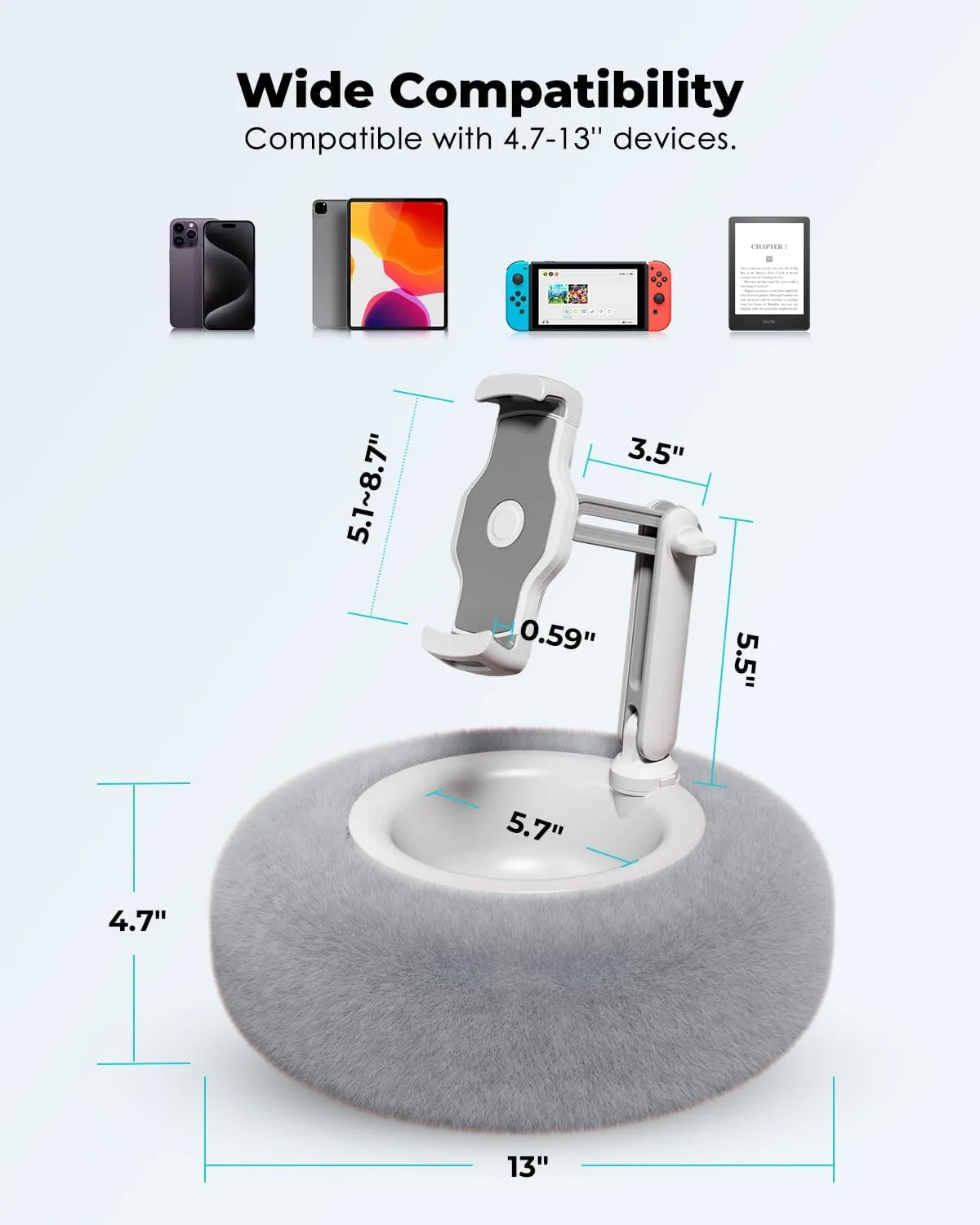 Viozon Tablet Stand with Pillow, Compatible with 4.7"-13" Phone/Tablet, iPad, iPhone, Samsung, Google, Kindle, 360°Adjustable Phone Holder for Bed with Soft Plush Fabric, and Detachable Bowl, Grey