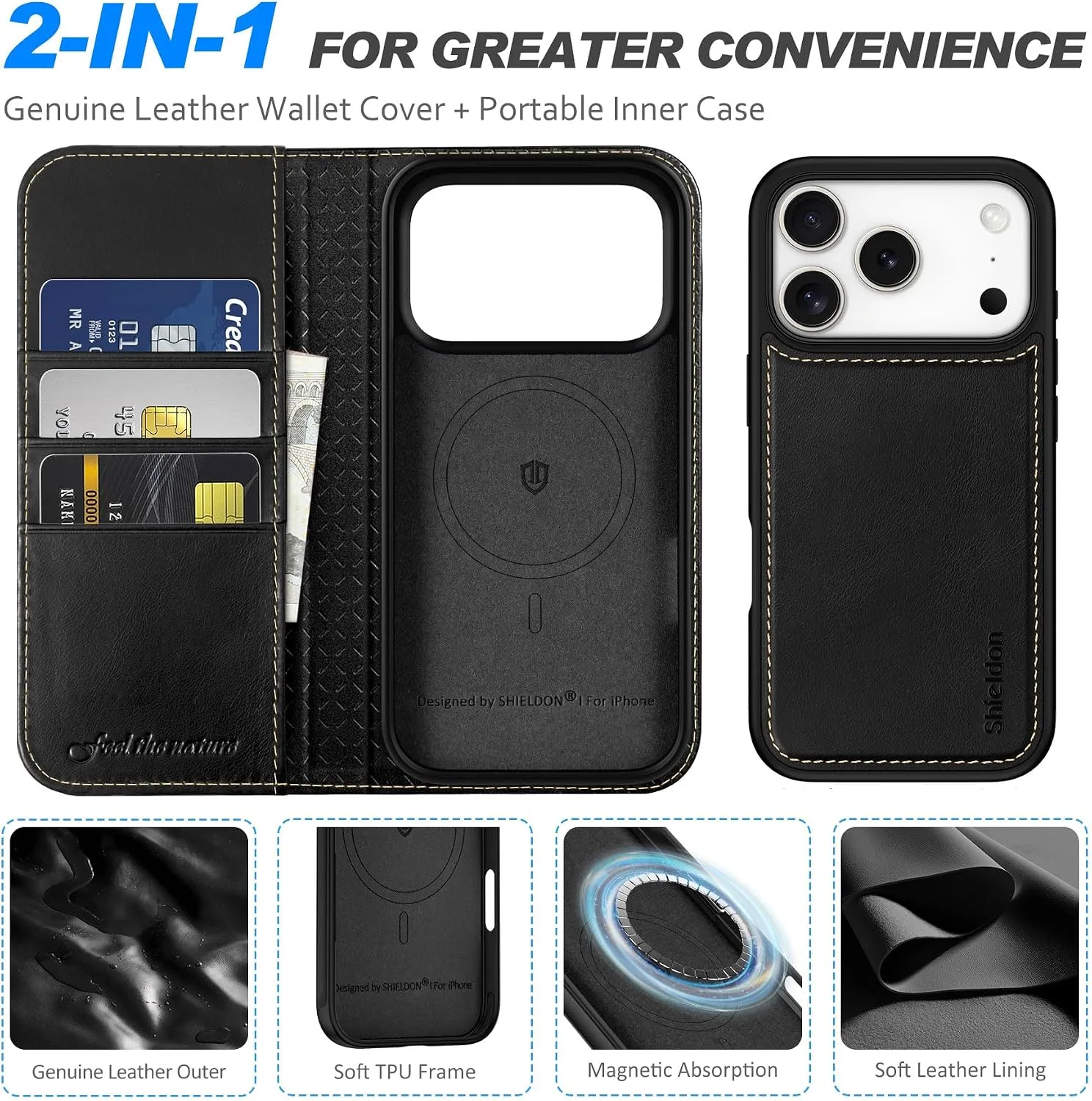 SHIELDON 2 in 1 Leather Wallet Case for iPhone 18 Pro/17 Pro, Retro Black