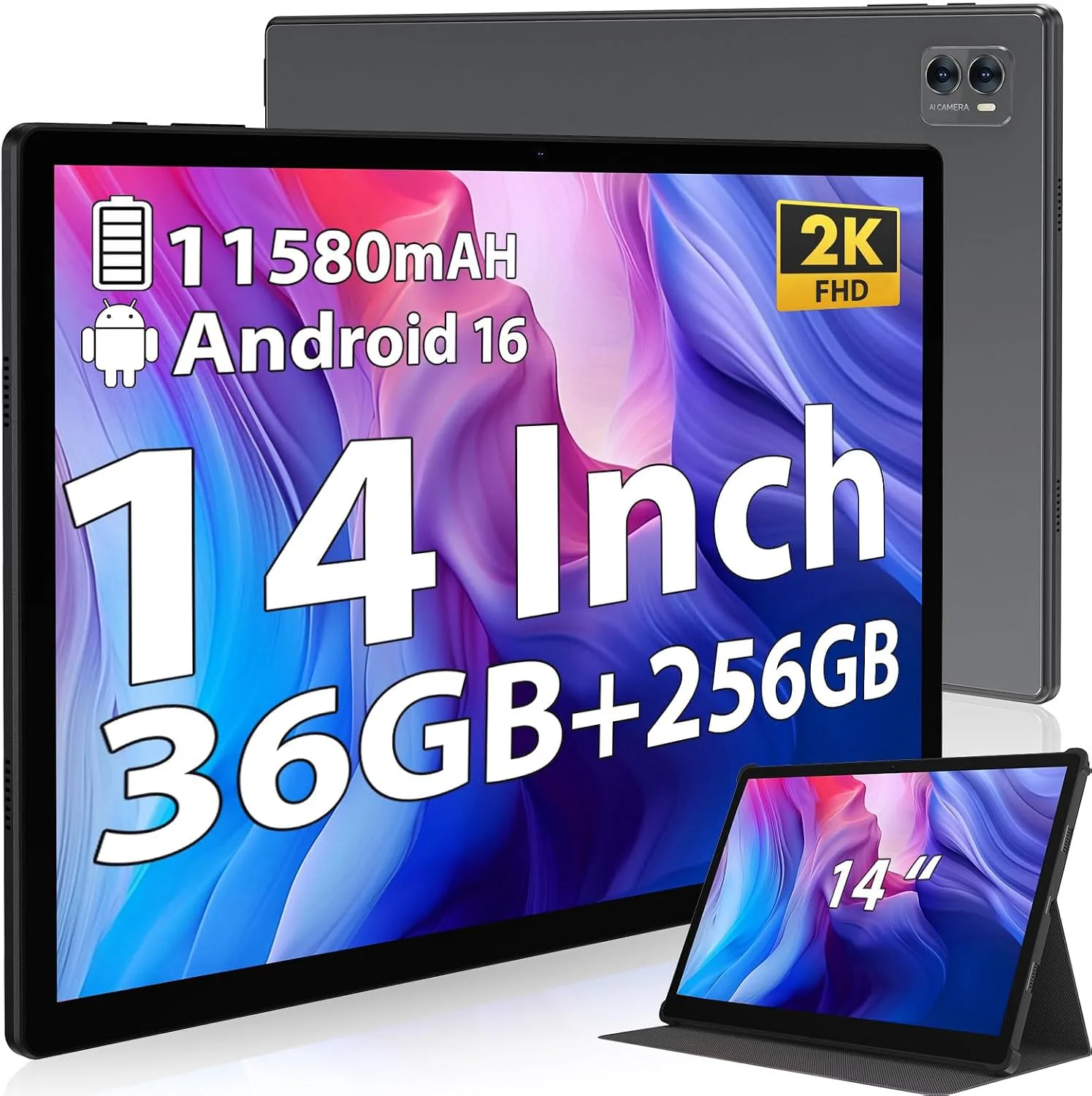 Tablet 14 Inch Android 16 Tablets, 2000*1200 IPS Display Tablets, 256GB Storage (Expand to 2TB) + 36GB,11580 mAh 18W PD Fast Charger, 8 Core CPU,4 Speakers, 5G WiFi, 8+13MP, Tablet with Case - Black