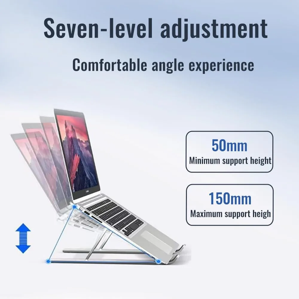 Desktop Laptop Stand, iPad Stand, Aluminum Alloy, Portable Foldable, 7 Level Adjustable, Ergonomic, Suitable for Laptops up to 18 Inches, Easily Put it in Bag and Use Anywhere