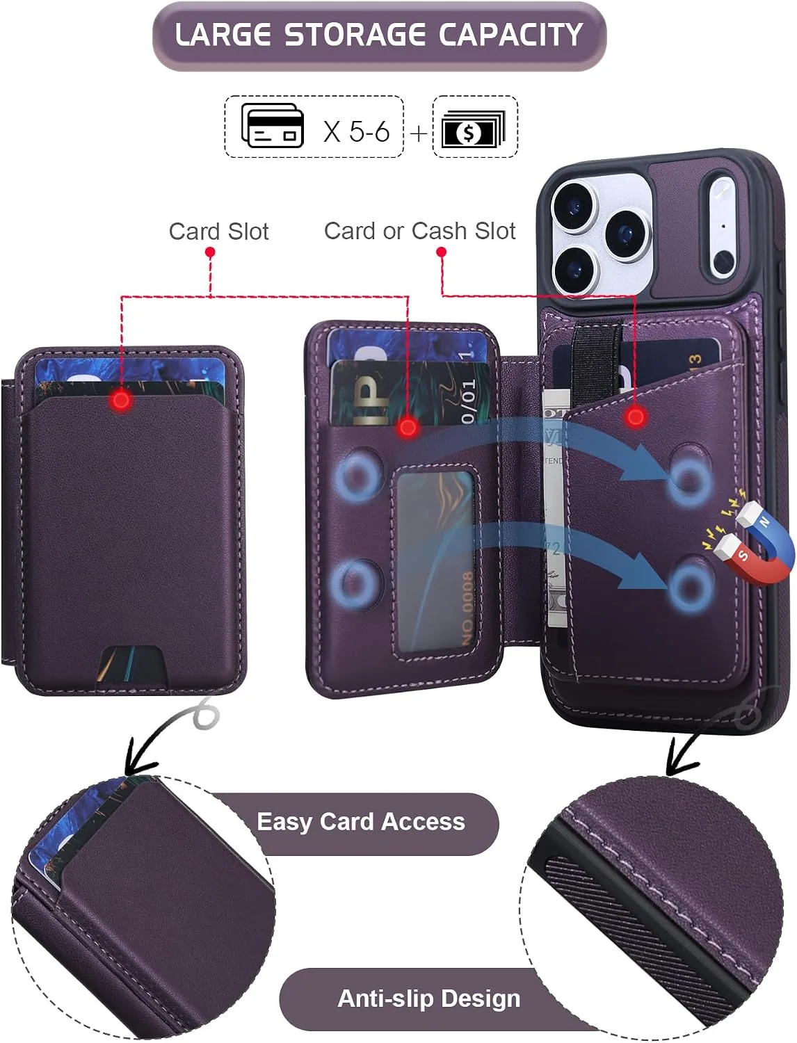 Magnetic Detachable Wallet Case for iPhone 18/17 Pro Max with Kickstand,2-in-1 MagSafe Compatible RFID Blocking Card Holder,Slim PU Leather Cover Vintage Purple