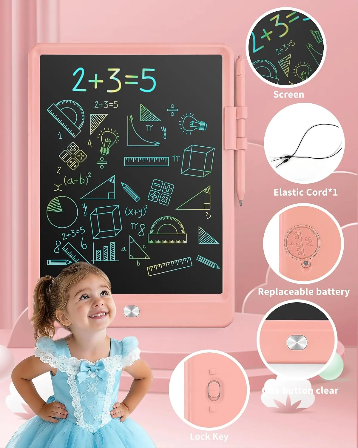 LCD Writing Tablet for Kids, 10 InchPortable Colorful Drawing Tablet, Toddler Drawing Pads, ​Travel Learning Toys for Kids Ages 3.4.5.6.7.8, Erasable Reusable Doodle Board (Pink)