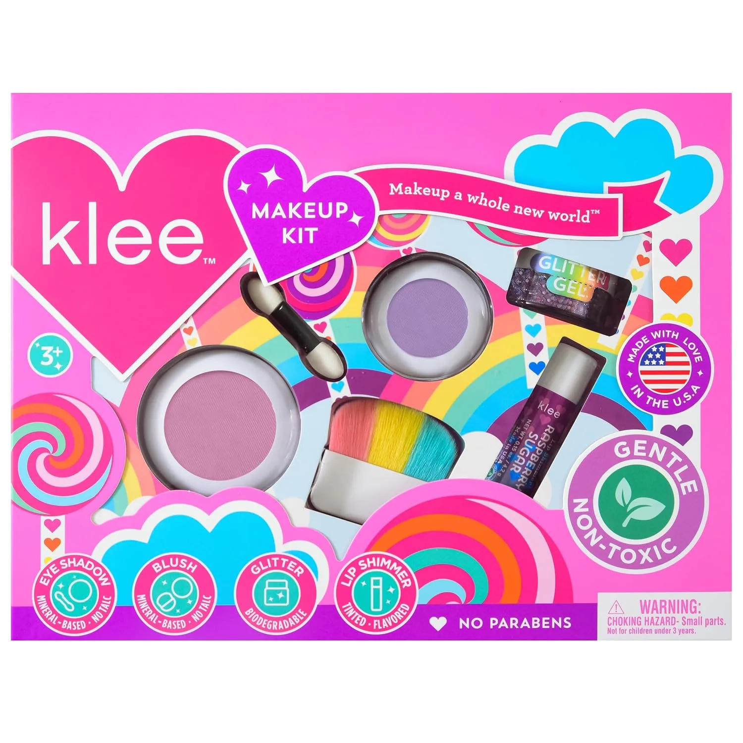 Klee Naturals Makeup Kit with Eye Shadow, Blush, Glitter Gel and Lip Shimmer. Kid-Friendly and Non-Toxic. Made in USA. (Whirl With It)