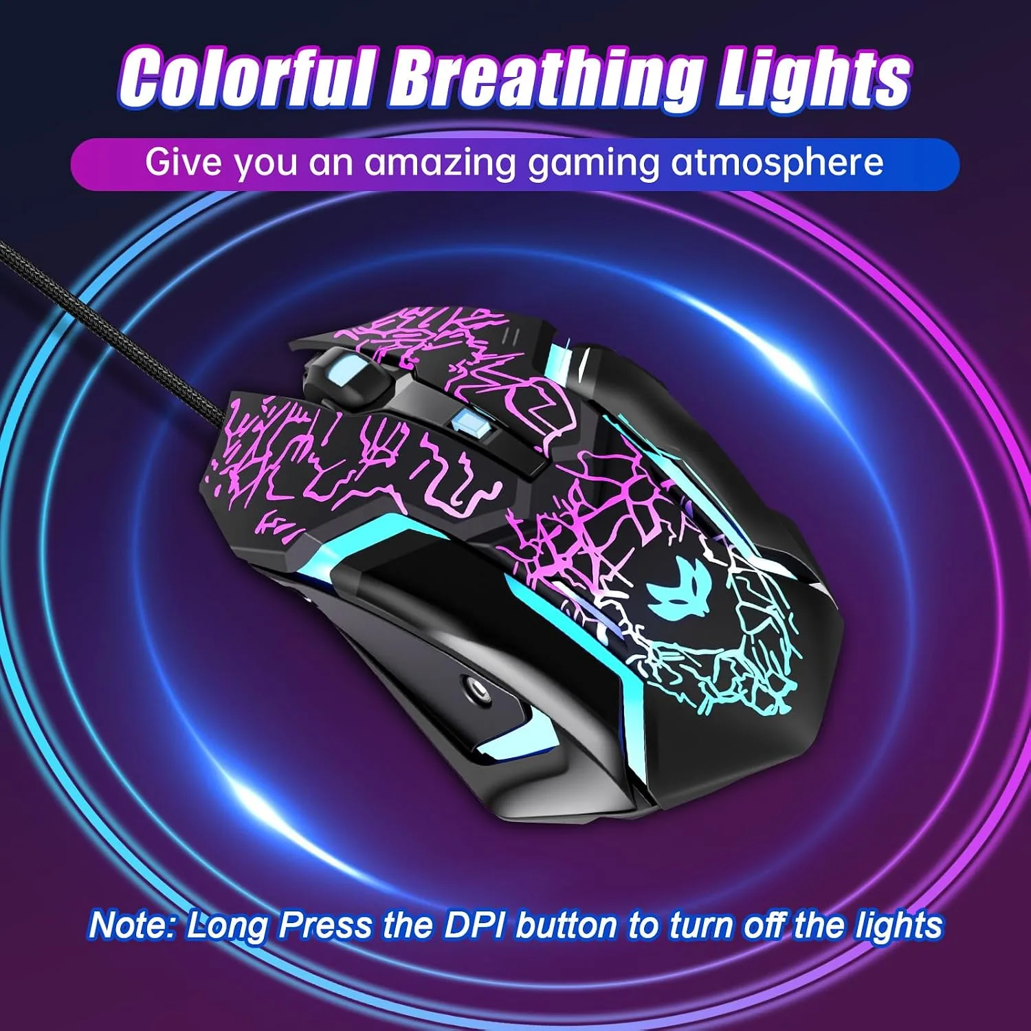 Wired Gaming Mouse,Ergonomic Optical Gaming Mice with 7 Color LED Backlight, 4 DPI Settings Up to 3600 DPI Computer Wired USB Mouse for Laptop/mac, 6 Buttons, Black