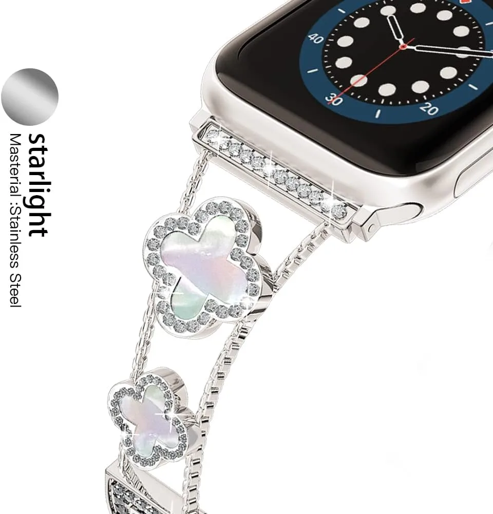 Musk-MSKR Diamond Metal Bands Add Sparkle to Your Watch For Apple Watch Series 12/11/10/9/8/7/6/5/4/3/2/SE/Ultra Clover Simple and Stylish Compatible with 38mm40mm41mm42mm44mm45mm 46mm49mm Women's Wear
