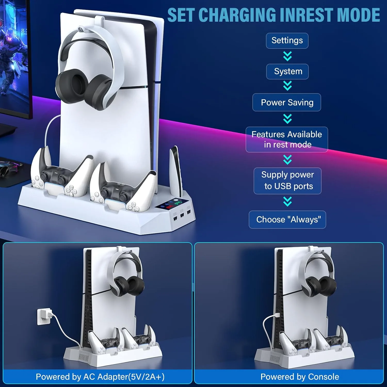 PS5 Slim Stand and Cooling Station with Controller Charging Station for Playsation 5 Slim&Standard Disc/Digital Console, PS5 Accessories Incl. Controller Charger/Turbo Fan/3 USB Hub/Headset Holder