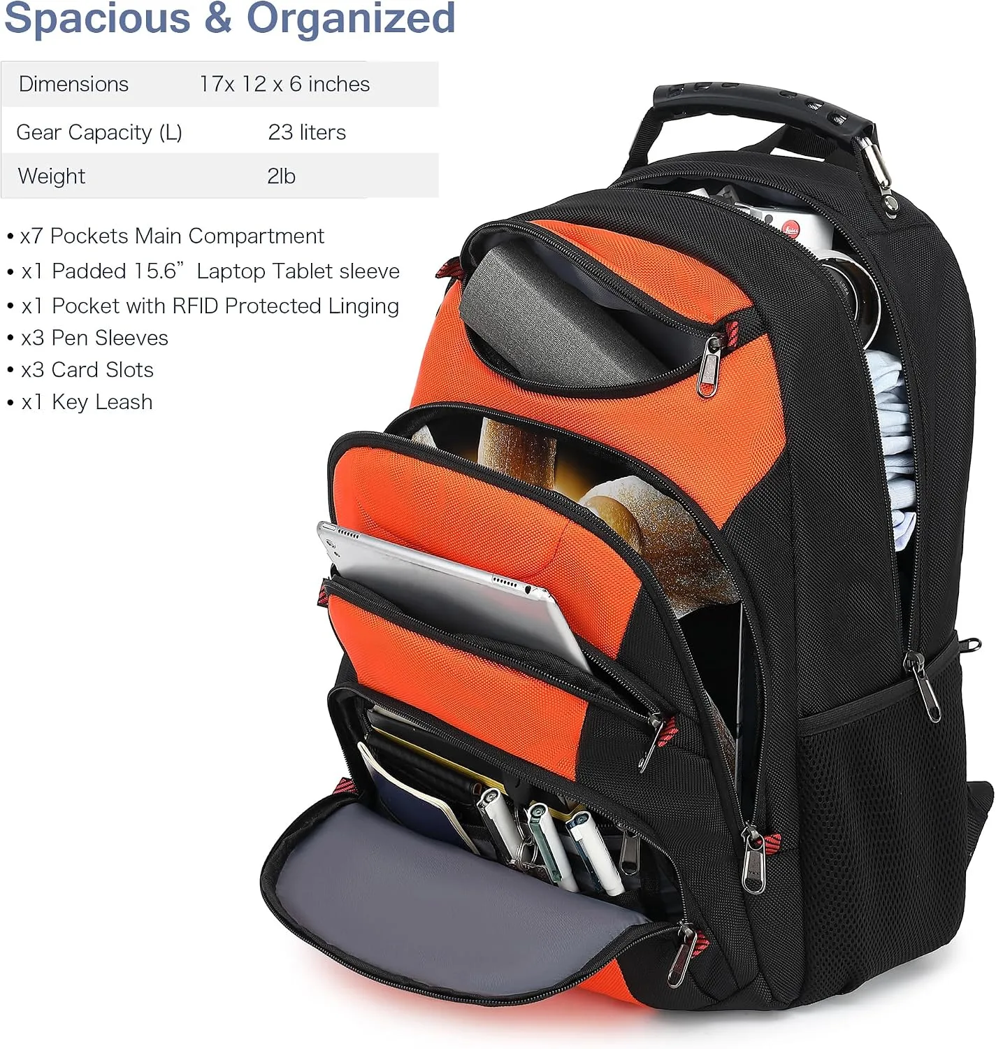 Boavan Laptop Backpack for men, 15.6 inch Laptop Bag with USB Port, Waterproof Travel Work Backpack Purse, Anti-Theft Teacher Nurse Doctor Casual Bookbags Office Business backpack，Orange Black