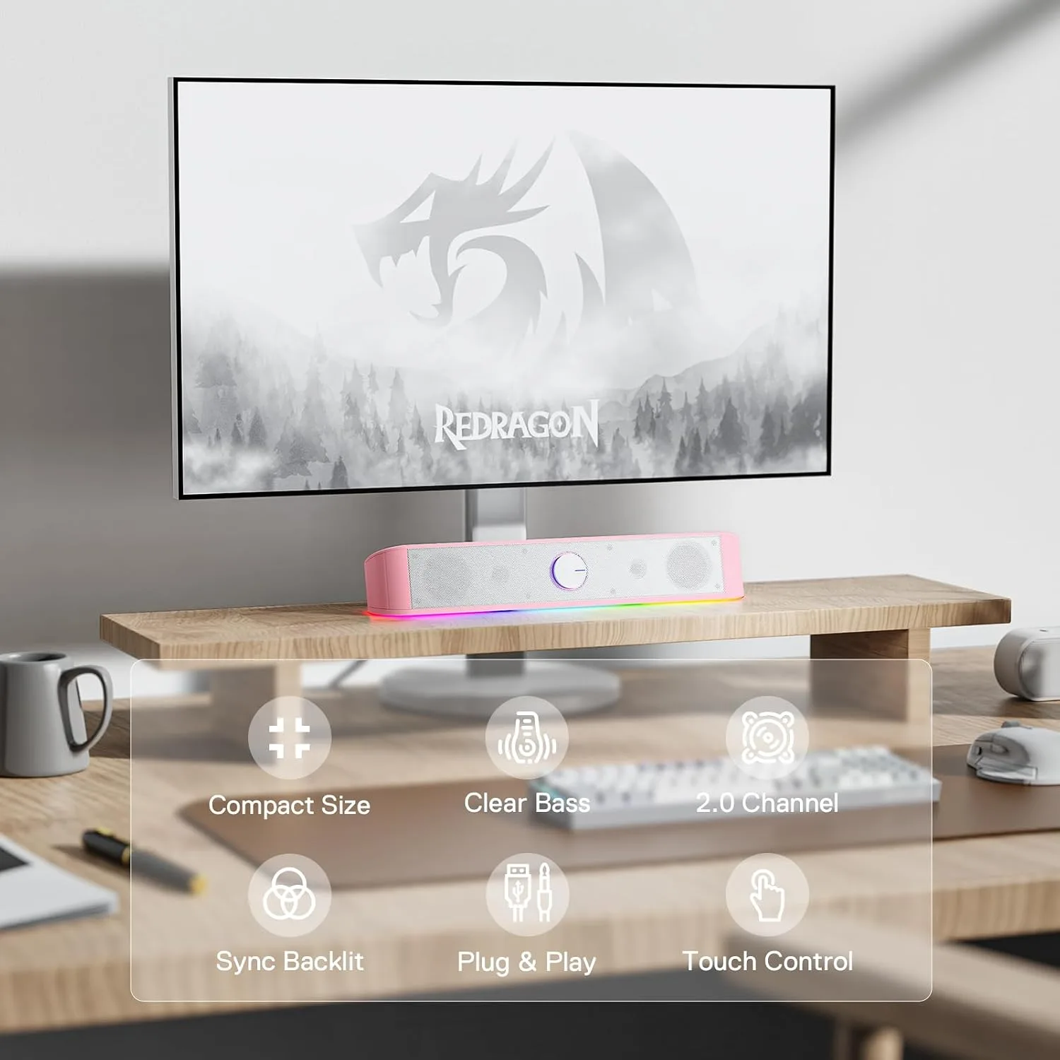 Redragon GS560 RGB Desktop Soundbar, Dynamic Lighting Bar with Audio Sync