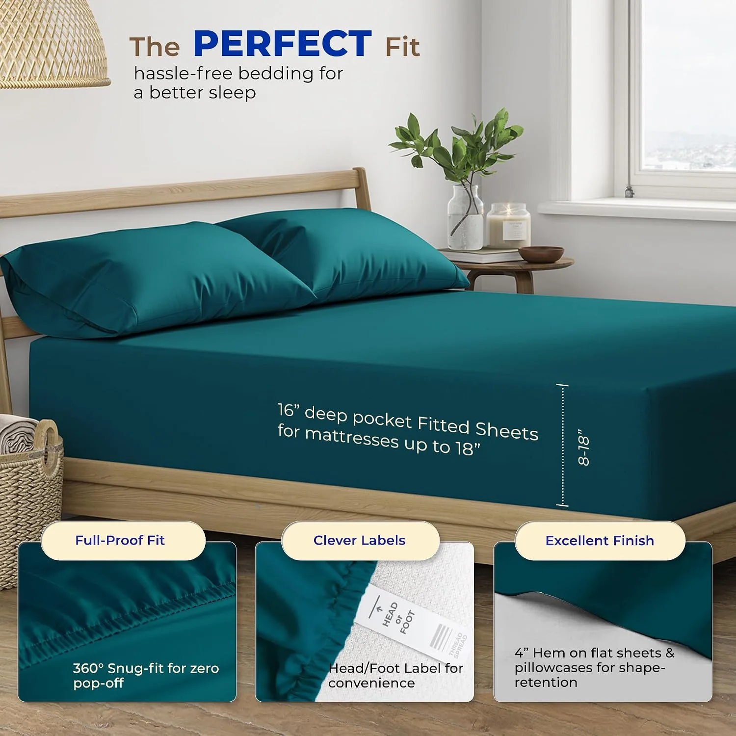 THREAD SPREAD Egyptian Cotton Sheets King Size - 600 Series Bliss Collection Sheets King Luxury Sheet King Size (4 PC, Teal) 16" Deep Pocket, Soft, Cooling Sateen Hotel Bed Sheet Sets