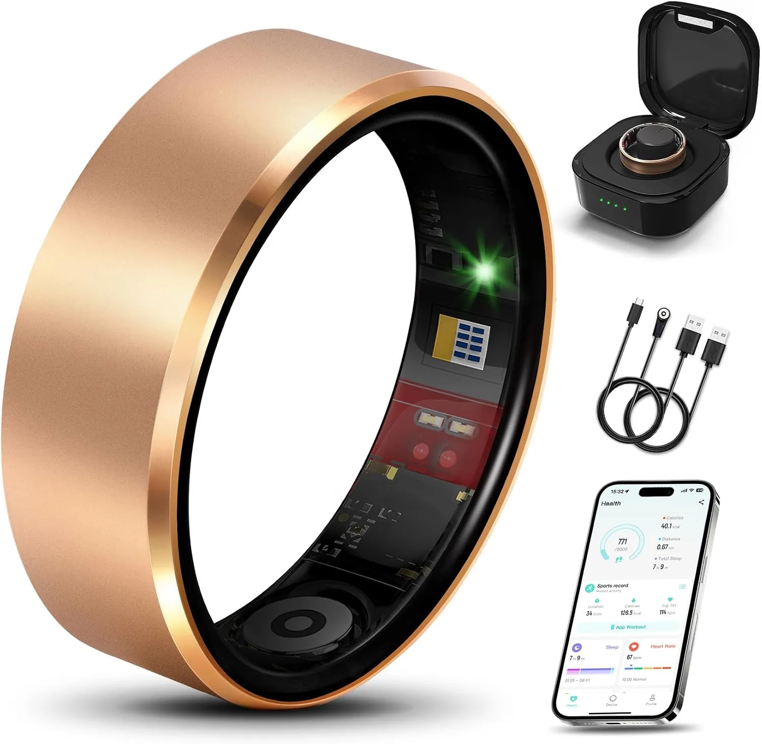 Smart Ring 2.0 for Women Men, Slim Scratch & Fingerprint Resistant Design, Advanced Chip Fitness Tracker, Sleep, Stress & Activity Monitoring, Warm Gold 11#