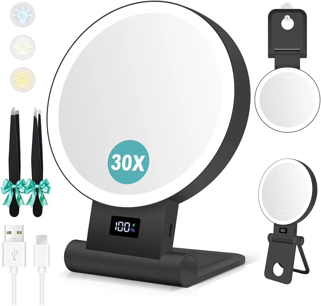 B Beauty Planet Magnifying Mirror with Light 30X, 2000mAh 1X/ 30X Makeup Mirror with Standable Base & Tweezers, 3 Color Modes with Adjustable Brightness& Smart Display, Foldable for Travel Black