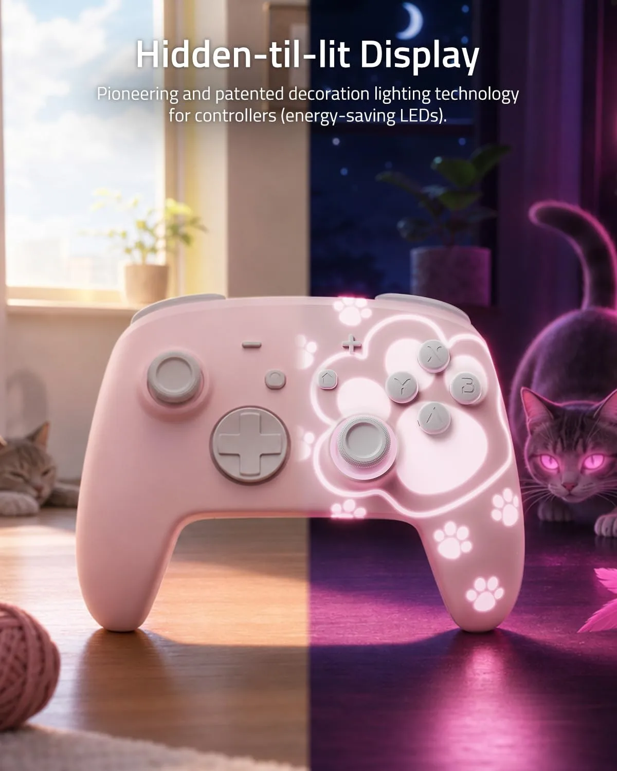 Cute Switch Pro Controller Wireless Compatible with Nintendo Switch 2/OLED/Lite, Grily Hall Effect Controller, Firefly Bluetooth Remote Gamepad Controles Pink with 7 LED Colors/Paddle/Turbo- Cat Paw Pattern
