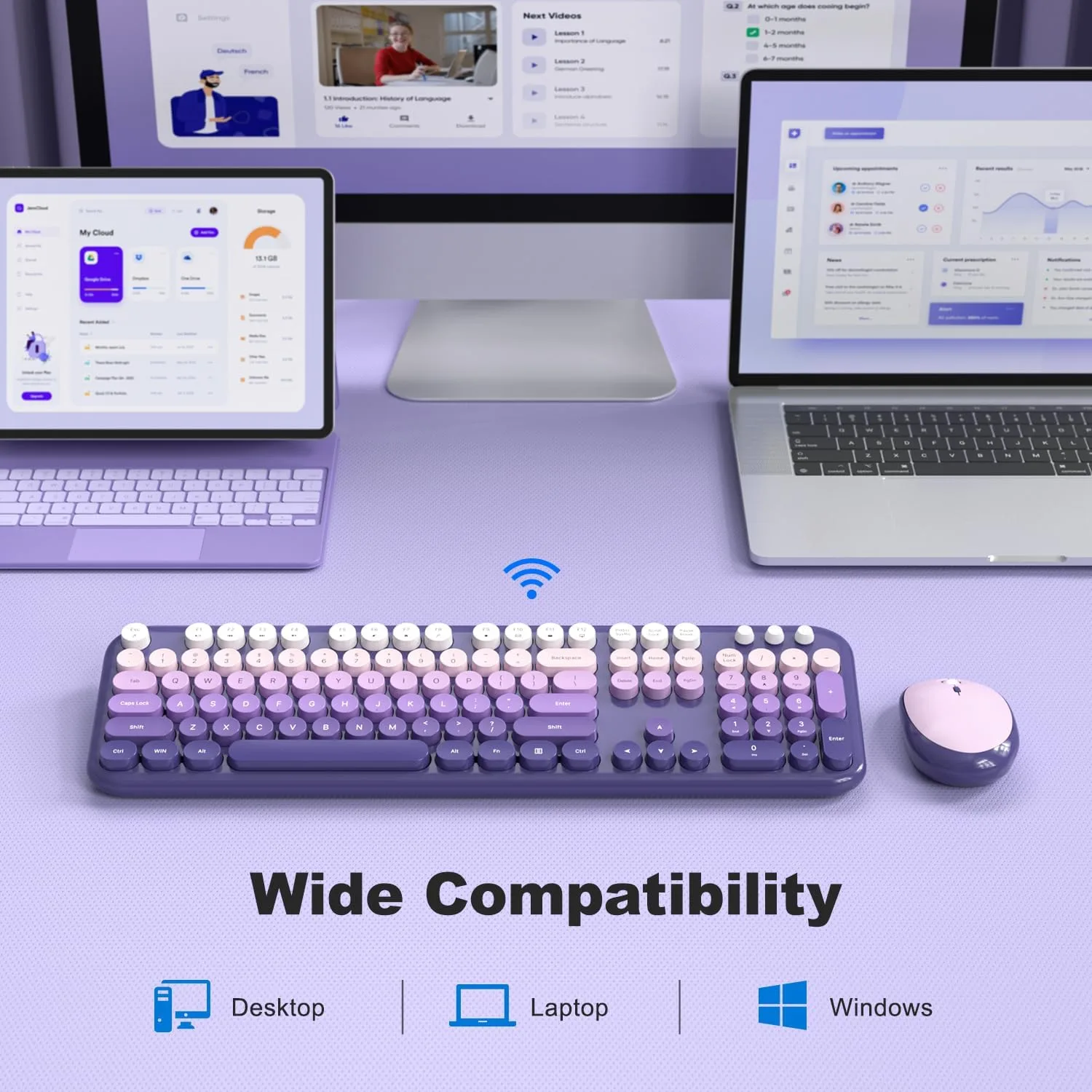 MOFII Wireless Keyboard and Mouse Combo, Full Size 2.4G Retro Round Computer Keyboard and Mouse Set, Plug and Play, for Windows, Computer, Desktop, PC, Notebook - (Purple Gradient)