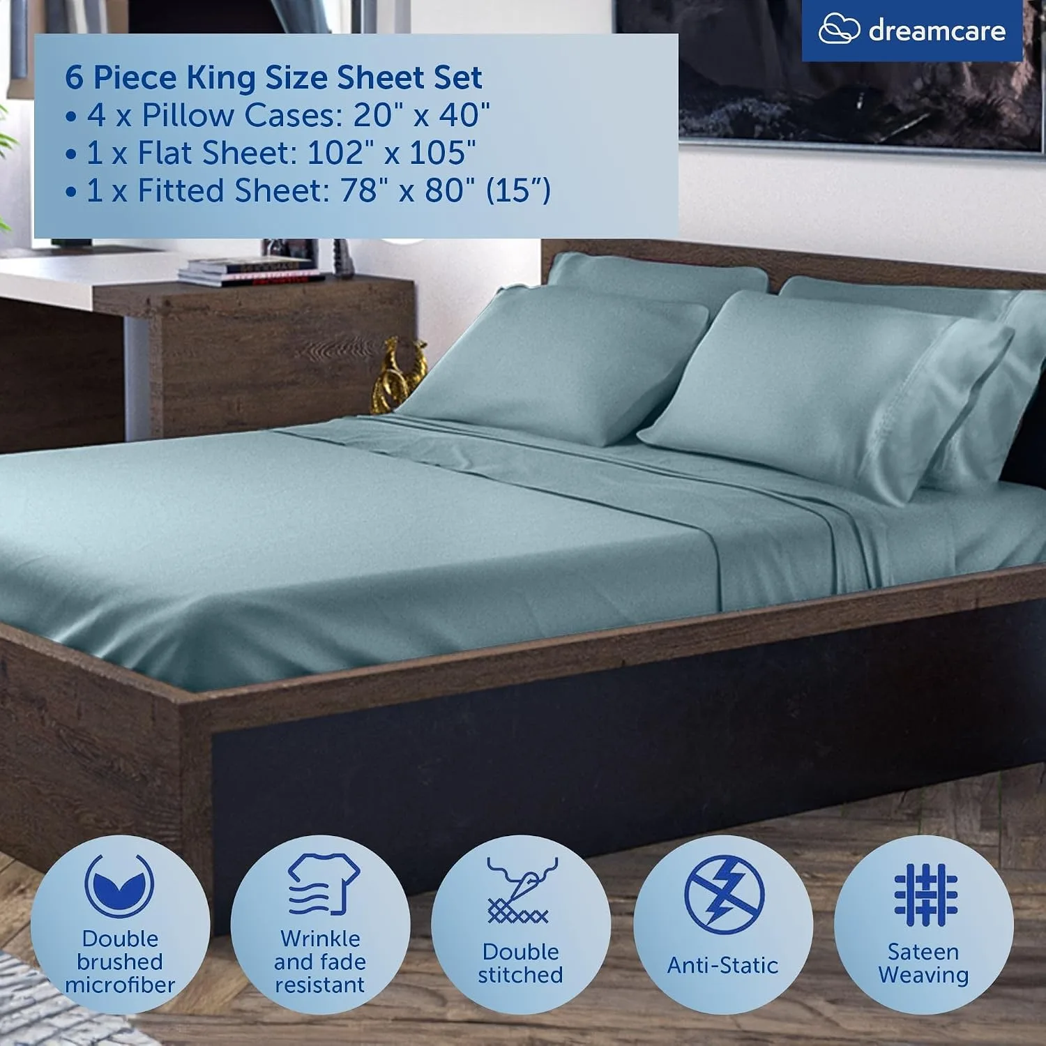 DREAMCARE King Size Sheets Set - 6 pcs Breathable Cooling Sheets King Size