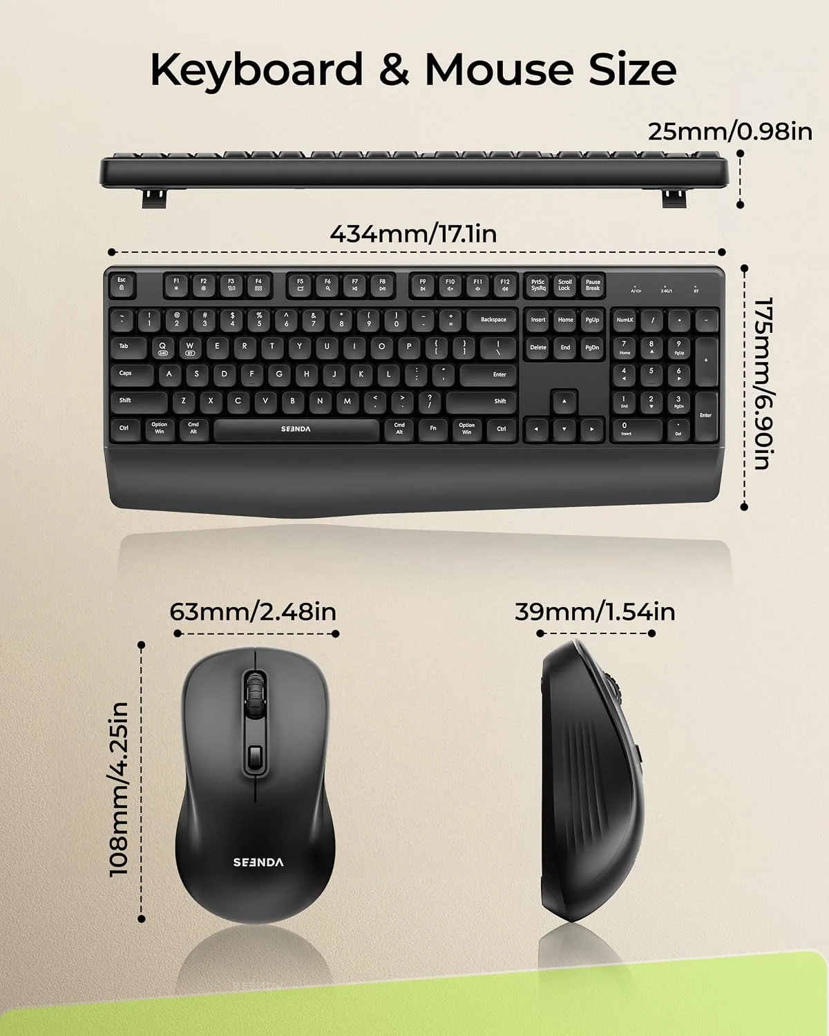 seenda COE200 Wireless Bluetooth Keyboard and Mouse Combo with Wrist Rest