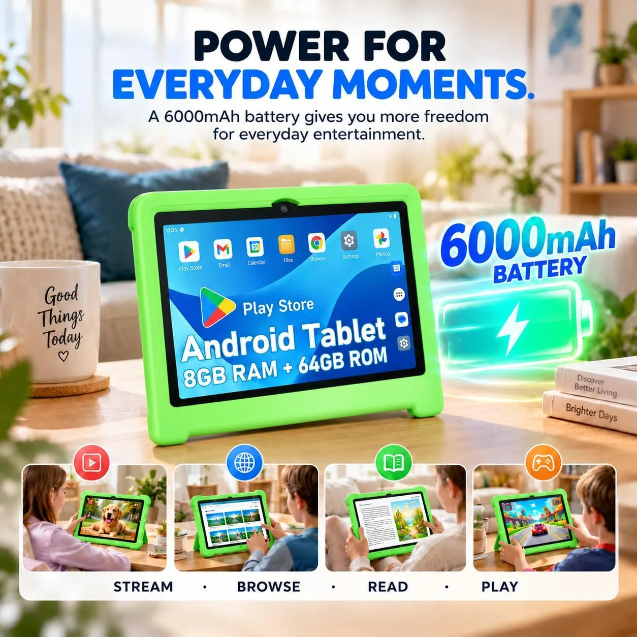 JREN
10.1"
Android
15
Tablet
with
Case,
64GB
Storage,Octa-Core
Green
