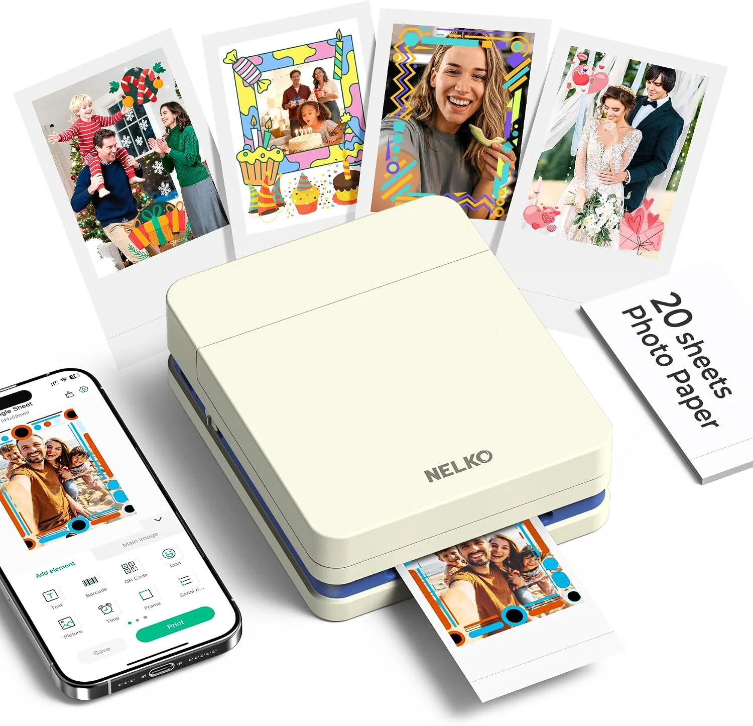 Nelko PP01 Photo Printer, 2x3 Portable Photo Printer, Mini Printer, Milky