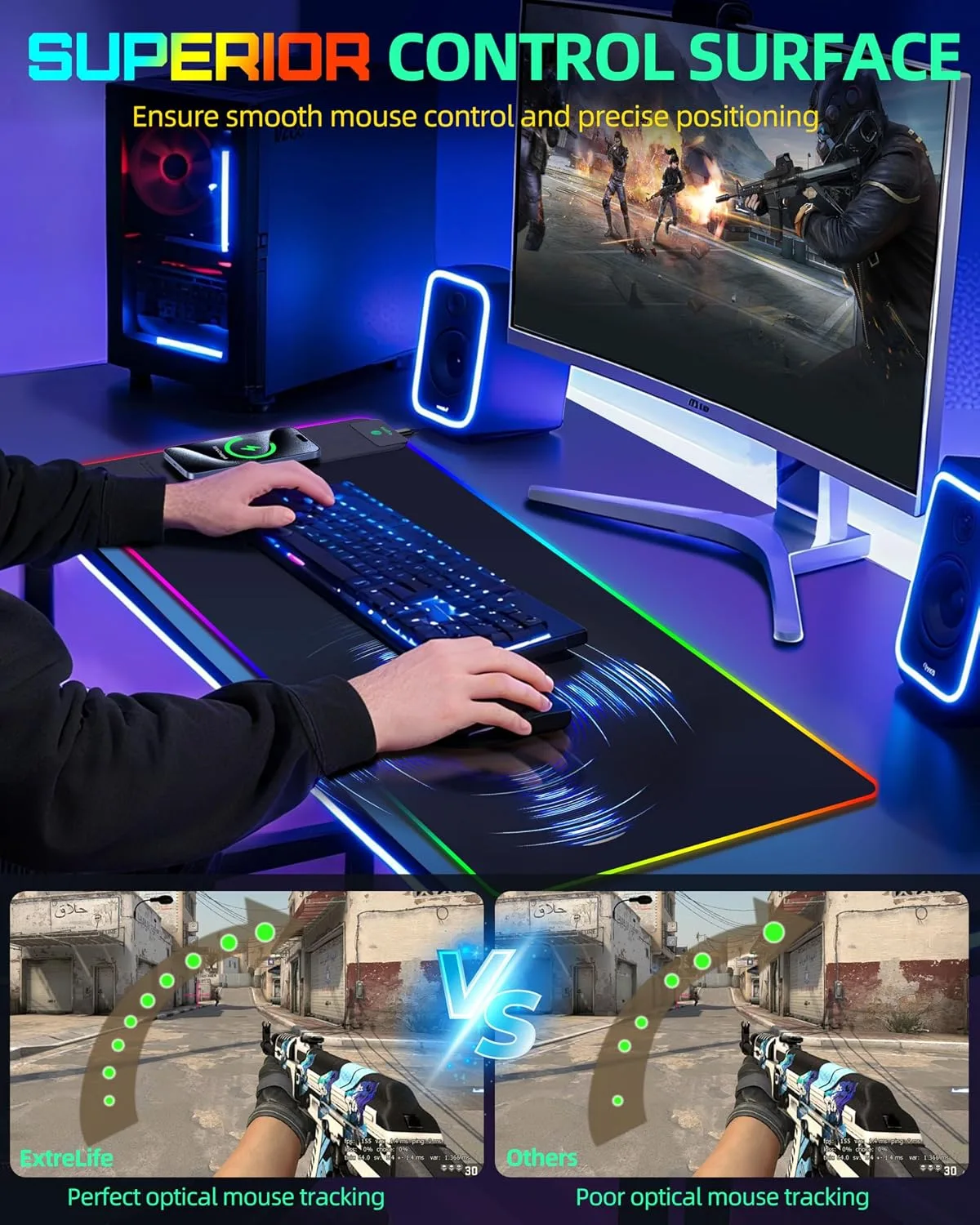 15W Wireless Charging RGB Mouse Pad, 31.5"x15.7", XXL Gaming Desk Mat