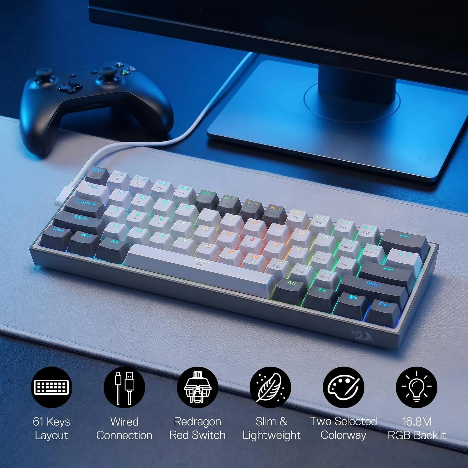 Redragon CB201 Gaming Keyboard & Mouse Combo, 61 Keys K617 Wired RGB Gaming Keyboard and 8000 DPI Wired M612 Gaming Mouse Bundle, White
