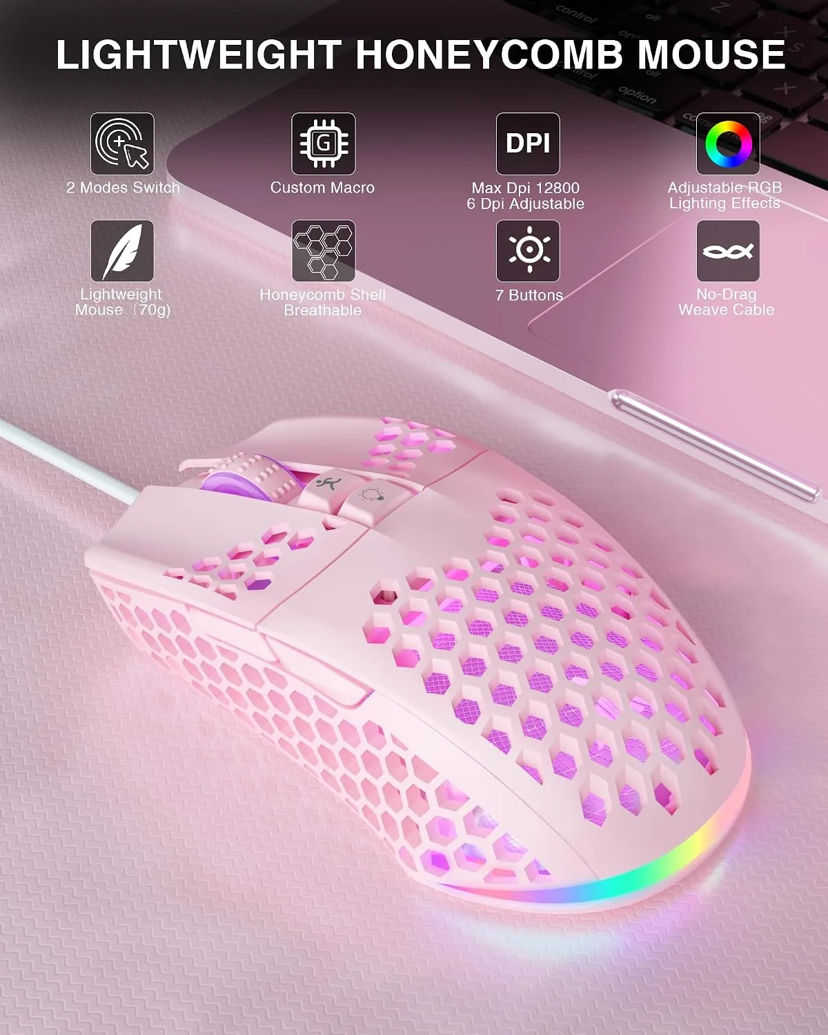 SOLAKAKA SM900 Wired Gaming Mouse with Honeycomb Shell,12800 DPI,7 Programmable Buttons,Lightweight Gaming Mice Ergonomic Computer Mouse Gaming for Windows/PC/Mac/Laptop Gamer (Pink)