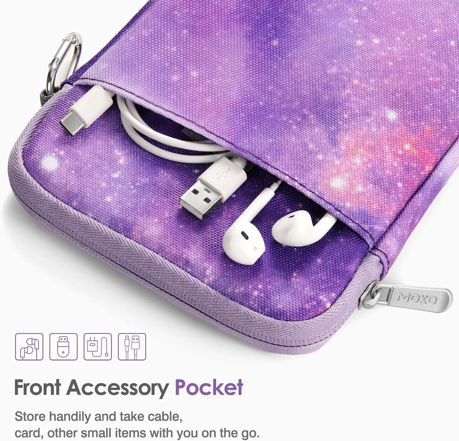 MoKo Padded Ereader Sleeve Case for 6-7 inch Ereader Tablet Bag Protective Cover Pouch with a Carabiner, Compatible with 7" Colorsoft Signature Edition 2024, Purple Starry Sky