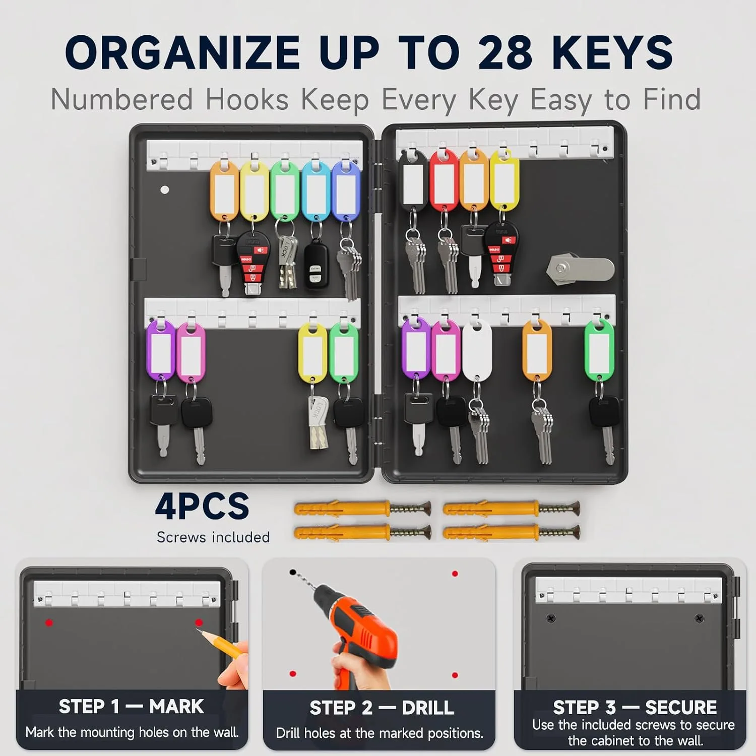 WeHere 28 Key Lock Box Wall Mount, Plastic Key Cabinet with Key Tags