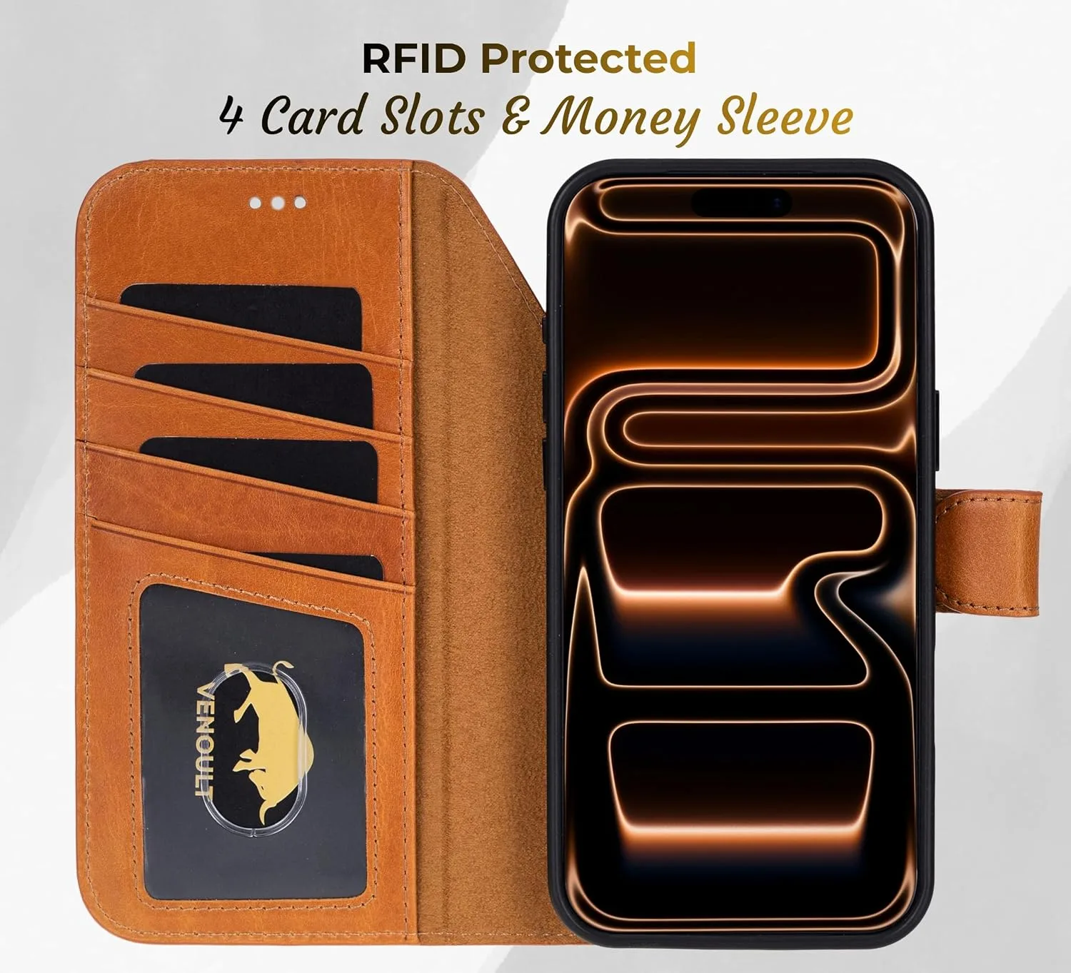 VENOULT Detachable Wallet Case for iPhone 18/17 Pro MAX, Full Grain Leather