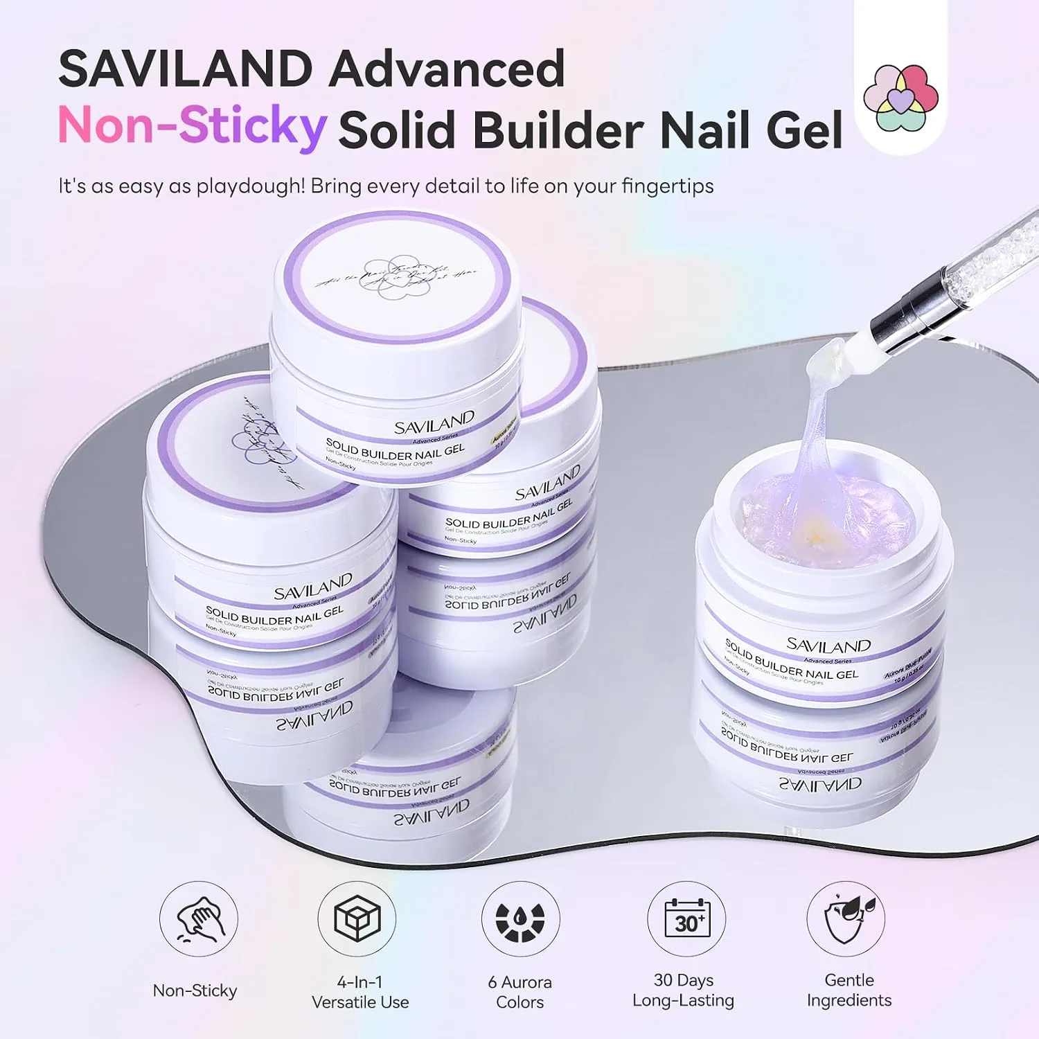SAVILAND Non-Sticky Solid Builder Nail Kit 6PCS Aurora Colors