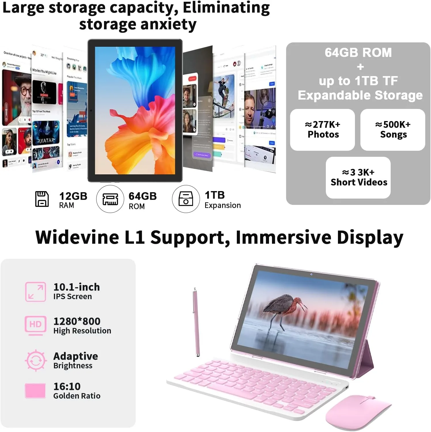 Android 16 Tablet 10 Inch, 12(3+9) GB RAM+64GB ROM, 2 in 1 Tablets with Keyboard Case Mouse Stylus, 2.0GHz Five-core Processor, 1280 * 800 IPS HD Screen, 5G WiFi6 BT 5.3 Tableta PC