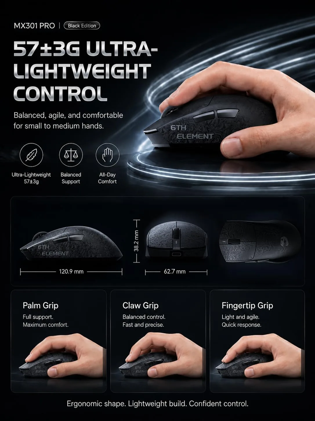 ZORNHER X Mloong MX301 PRO Lightweight Gaming Mouse,Up to 26000 DPI, Wireless,Carbon Fiber Texture Finish,PAW 3315,60g,500mAh Battery,Small Mouse with Anti-Slip Grip,Wired/BT/2.4GHz for PC,FPS
