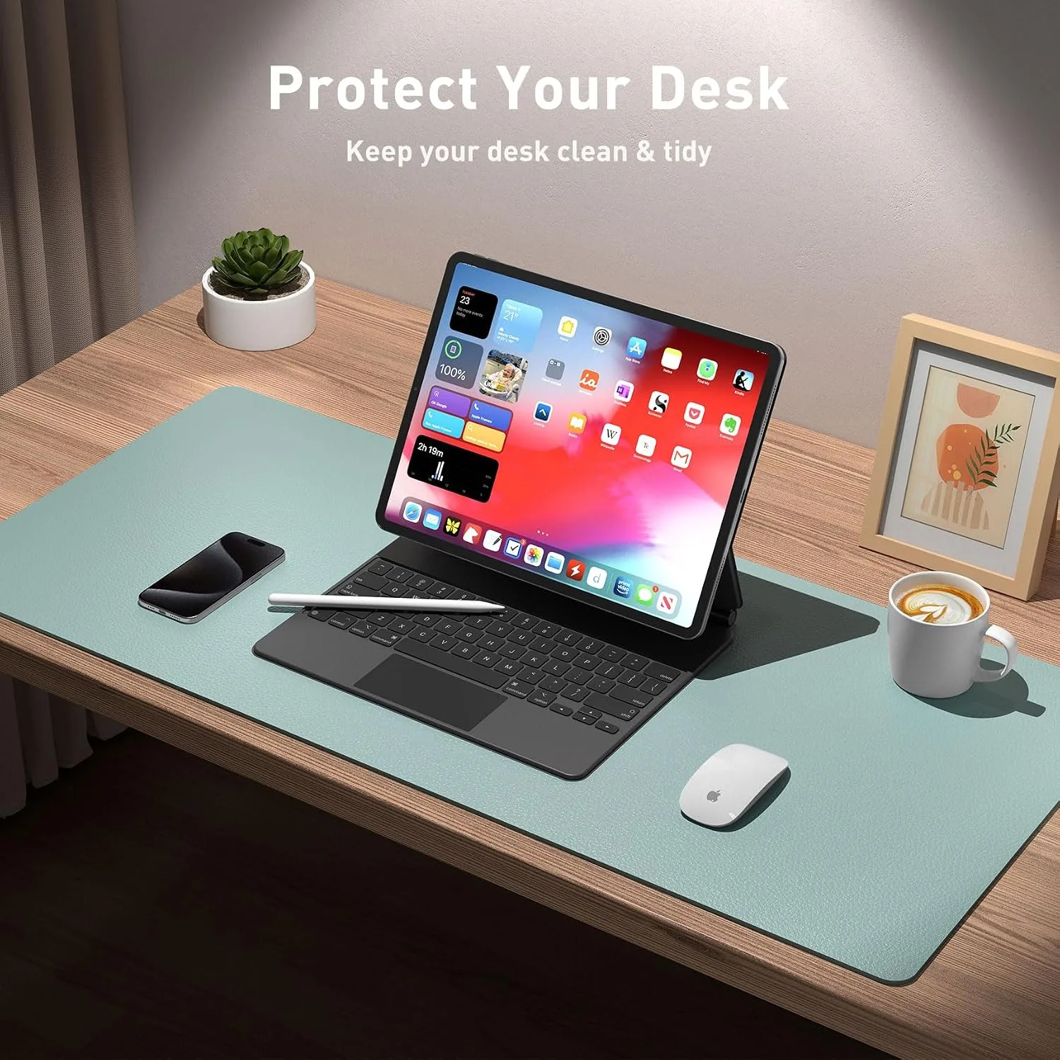 Aothia Leather Desk Pad Protector, Mouse Pad, Office Desk Mat, Non-Slip PU Leather Desk Blotter, Laptop Desk Pad, Waterproof Desk Writing Pad for Office and Home (23.6" x 13.7", Light Blue)